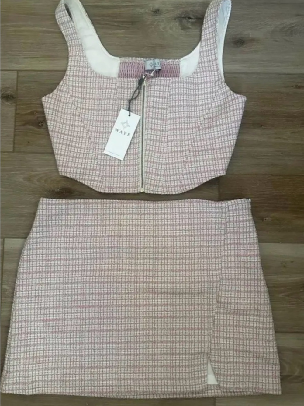 NWT Wayf Pink Tweed Cropped Zip Top & Mini Skirt Set Barbiecore, Coquette Girl